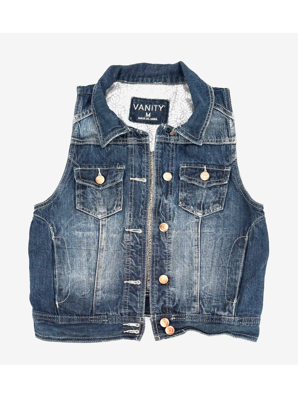 Vtg Denim Jean Biker Vest Cropped Vanity Y2k Sz Medium Country Retro